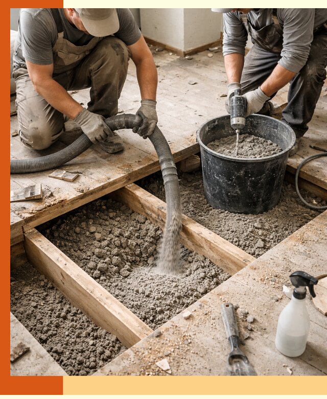 Заполнение пустот пола в Белорецке полиуретаном и пенополистиролом