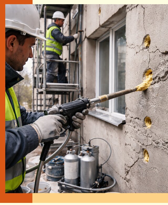 Заполнение пустот в фасаде и утепление стен в Белорецке