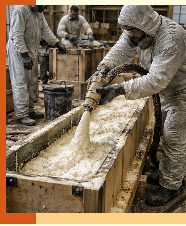 Заливка пенополиуретана в формы для утепления в Белорецке